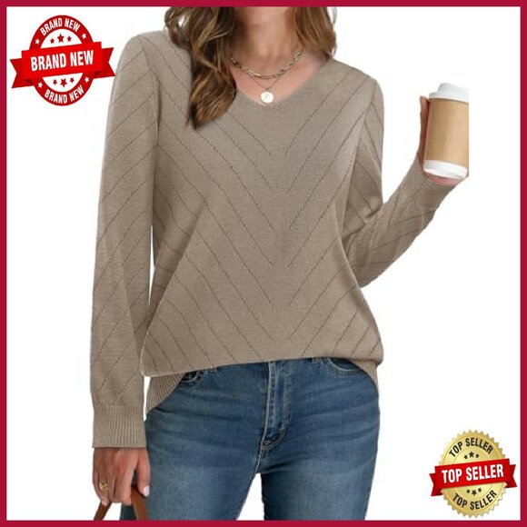 Lightweight V-Neck Knit Sweater Long Sleeve Pullover Women's Casual Top - Picture 4 of 6